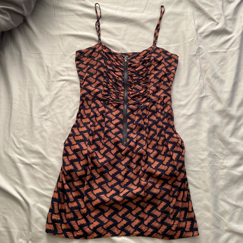 Papaya Orange&Navy Dress W/ Pockets & Zipper